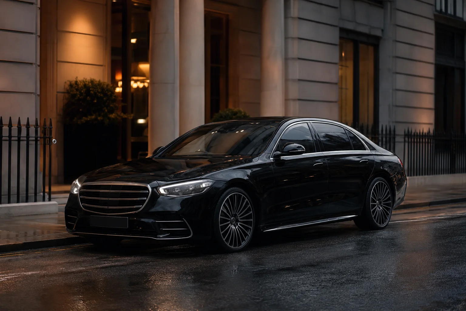 Mercedes S-Class chauffeur vehicle in a restrained premium editorial setting