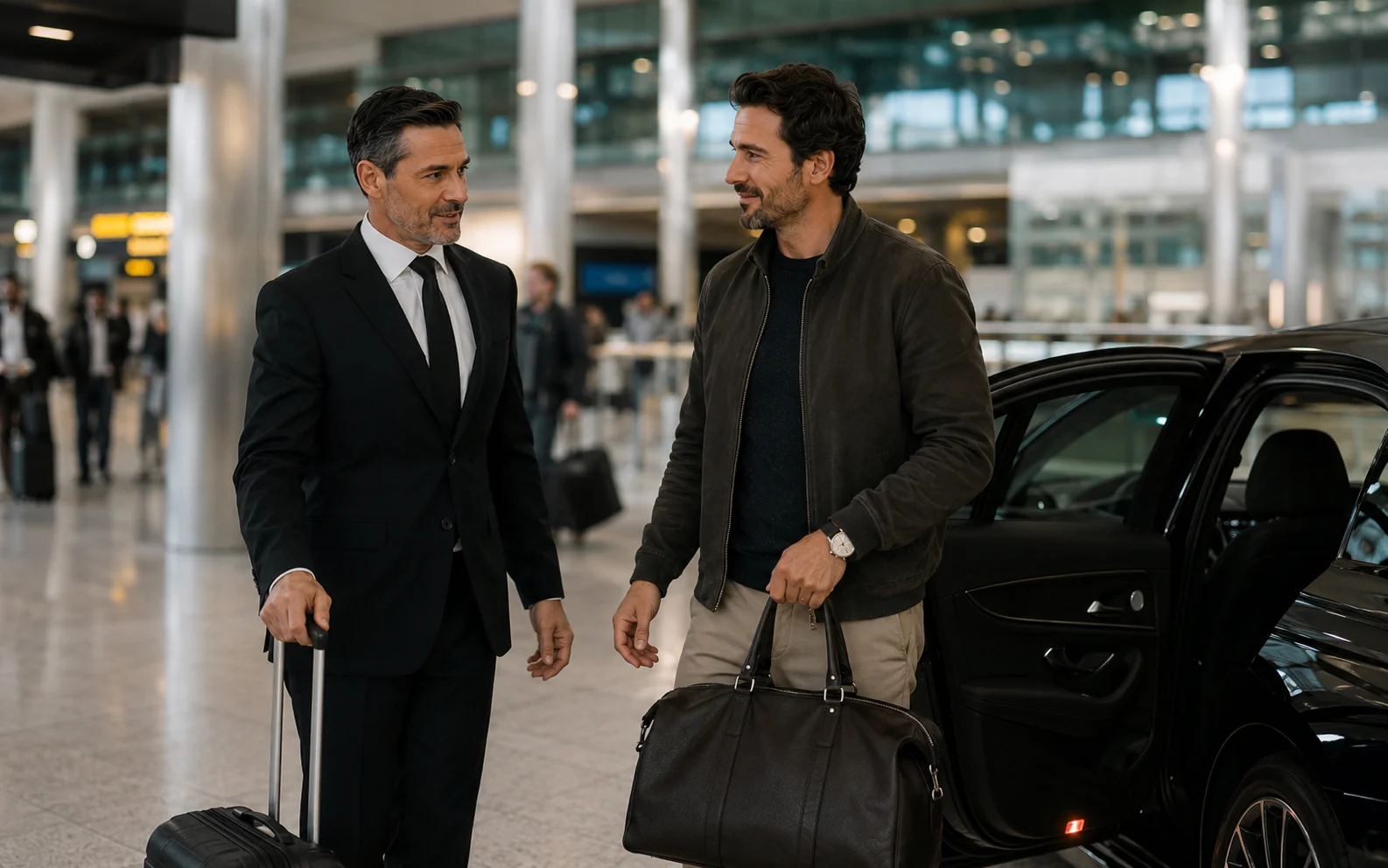 Professional chauffeur assisting with luggage at airport arrivals